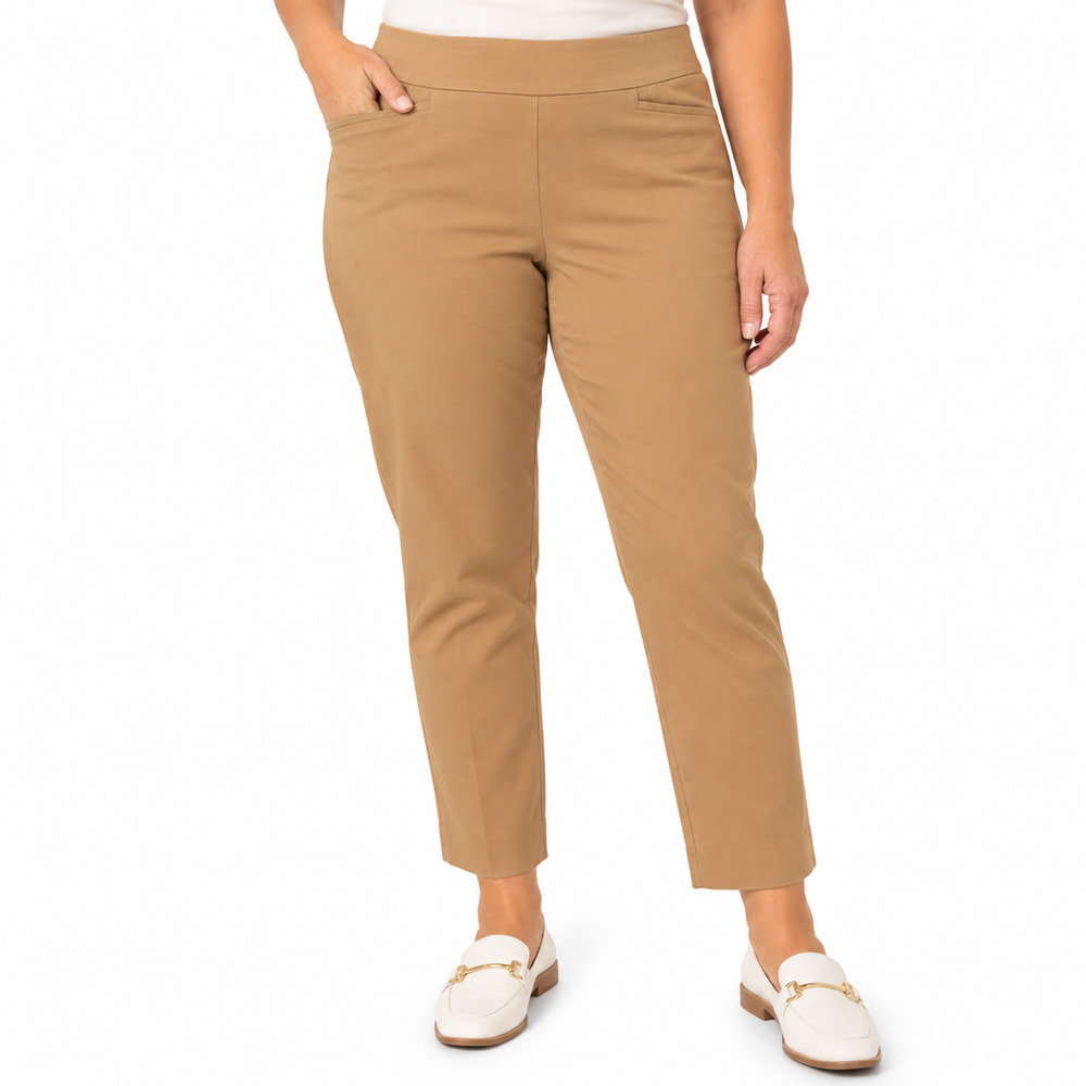 Chicos Beige Camel Tan Pull On Stretch Ankle Pants Pockets Minimalist 2 / 12